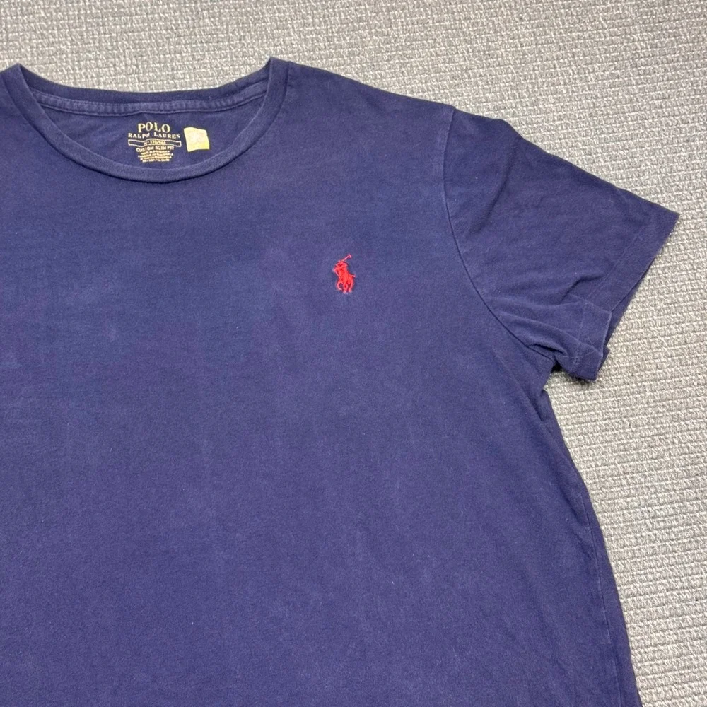 Polo Ralph Lauren Mens Custom Slim Fit T-Shirt Navy Blue Red Pony Logo M 9445
